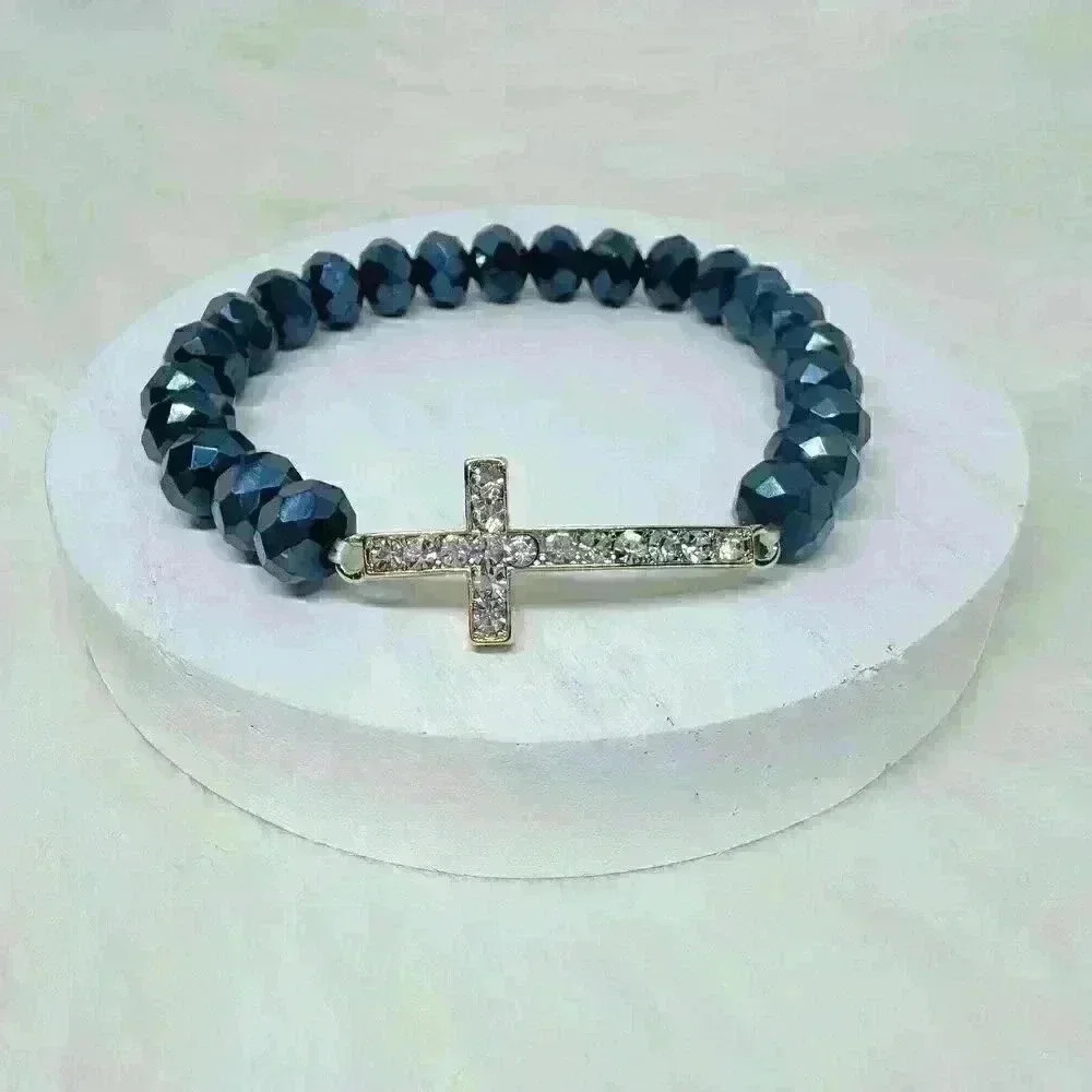 Navy Blue Beaded Bracelet with Rhinestones Cross